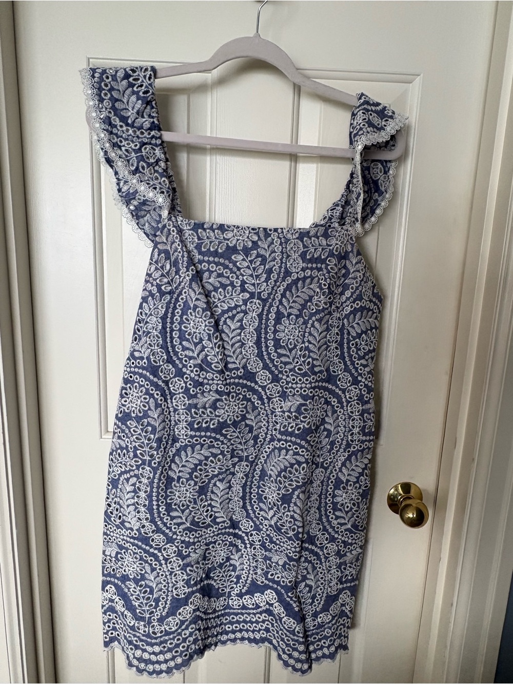 **Alice + Olivia Blue and White Paisley Eyelet-Trim Mini Dress**